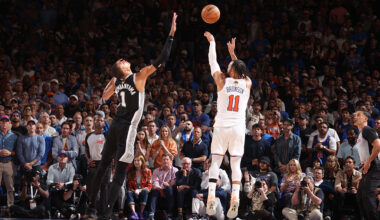 NEW YORK, NY - JUNE 10: Jalen Brunson #11 of the New York Knicks shoots a three point basket over Victor Wembanyama #1 of the San Antonio Spurs during the game during Game Four of the 2026 NBA Finals on June 10, 2026 at Madison in New York, New York. NOTE TO USER: User expressly acknowledges and agrees that, by downloading and or using this photograph, User is consenting to the terms and conditions of the Getty Images License Agreement. Mandatory Copyright Notice: Copyright 2026 NBAE(Photo by Nathaniel S. Butler/NBAE via Getty Images)