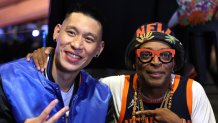 Former New York Knicks player Jeremy Lin and director Spike Lee pose.