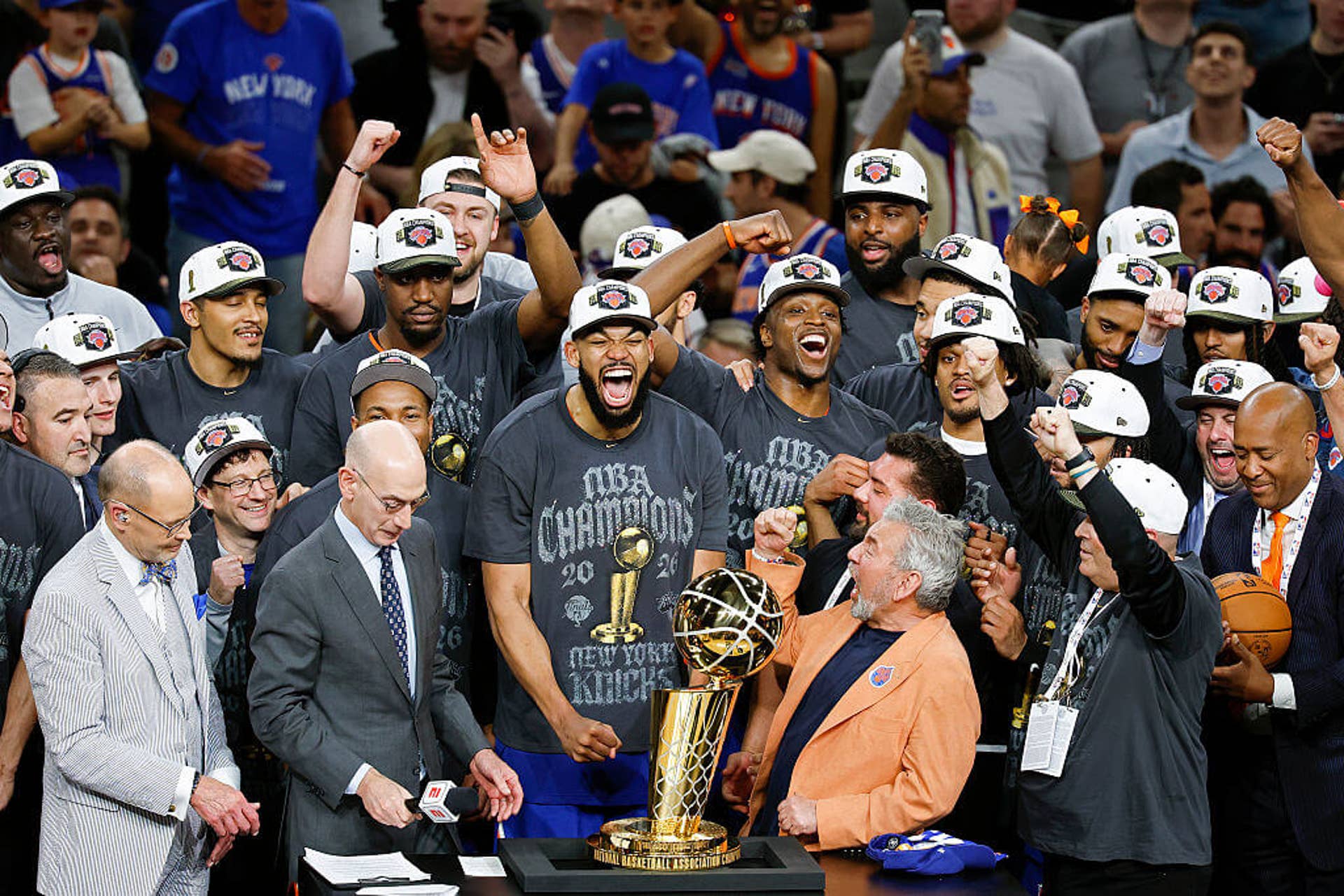 The New York Knicks receive the Larry O'Brien trophy for winning the NBA championship at a presentation after Game 5 of the 2026 finals.