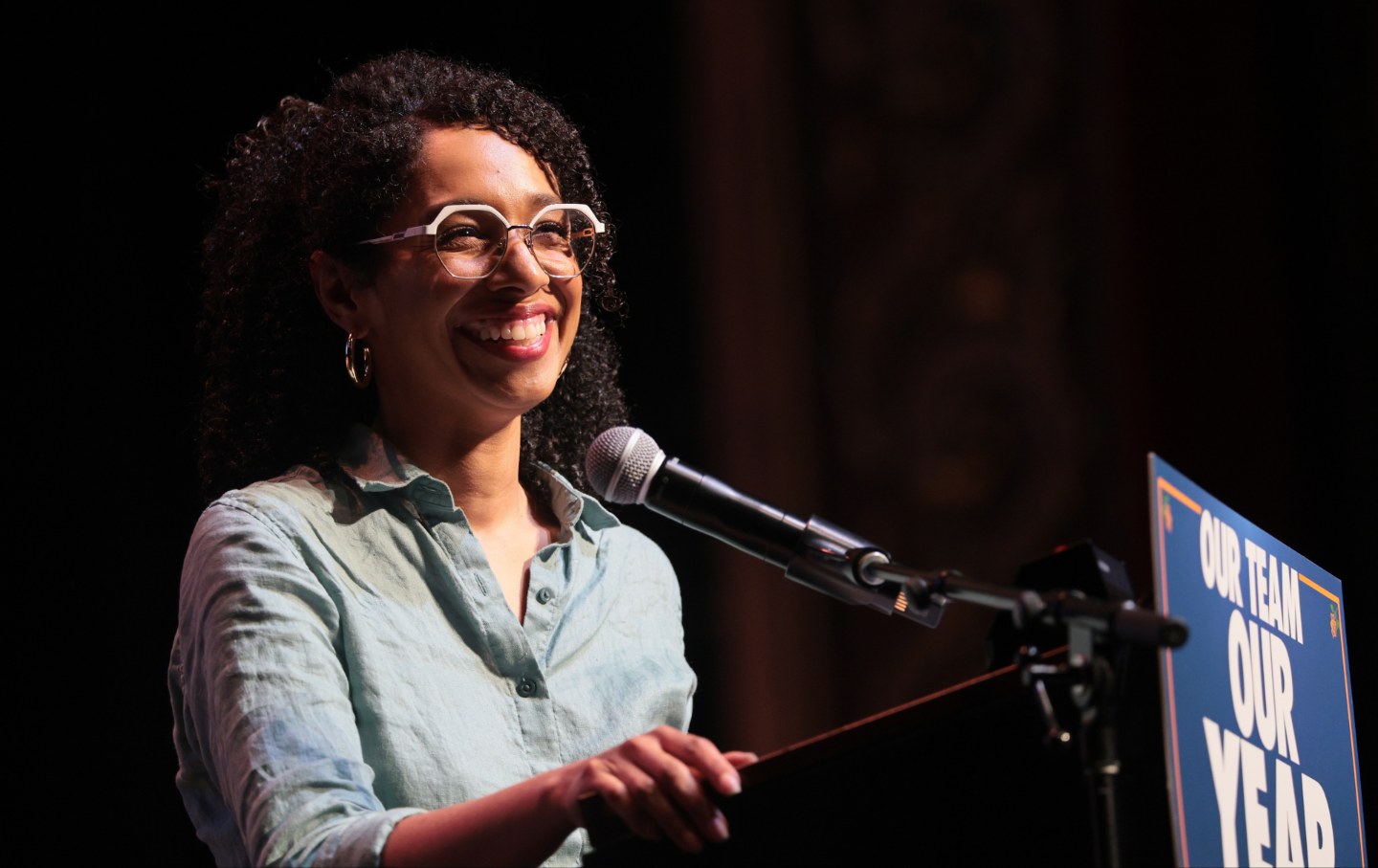 Congressional candidate Darializa Avila Chevalier speaks during a Get Out the Vote rally at King's Theater on June 18, 2026, in New York City.