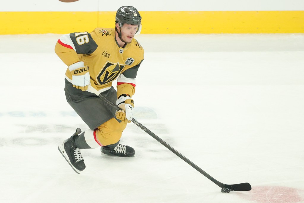 Pavel Dorofeyev #16 of the Vegas Golden Knights skates with the puck against the Carolina Hurricanes during the first period in Game Six of the 2026 Stanley Cup Final at T-Mobile Arena on June 14, 2026 in Las Vegas, Nevada