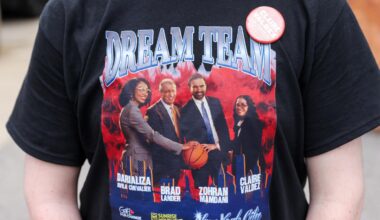 A "Dream Team" shirt featuring images of Darializa Avila Chevalier, US Democratic House candidate for New York, Brad Lander, former New York City comptroller and US Democratic House candidate for New York, Zohran Mamdani, mayor of New York, and State Representative Claire Valdez, a Democrat from New York and US House candidate, outside a polling location at PS 84 during a primary election in New York, US, on Tuesday, June 23, 2026.