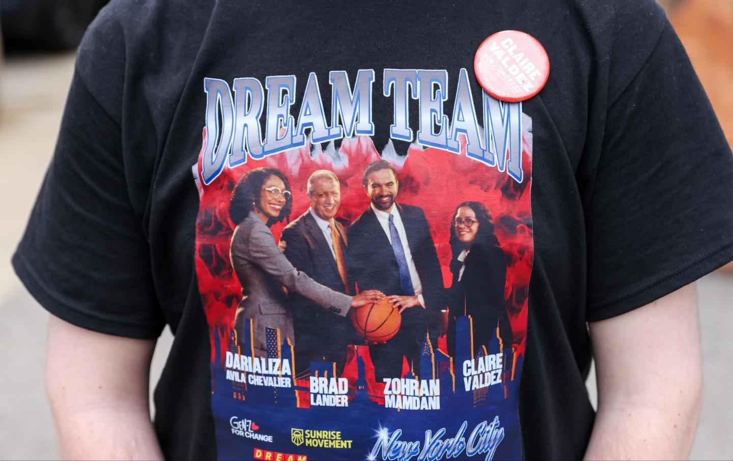 A "Dream Team" shirt featuring images of Darializa Avila Chevalier, US Democratic House candidate for New York, Brad Lander, former New York City comptroller and US Democratic House candidate for New York, Zohran Mamdani, mayor of New York, and State Representative Claire Valdez, a Democrat from New York and US House candidate, outside a polling location at PS 84 during a primary election in New York, US, on Tuesday, June 23, 2026.
