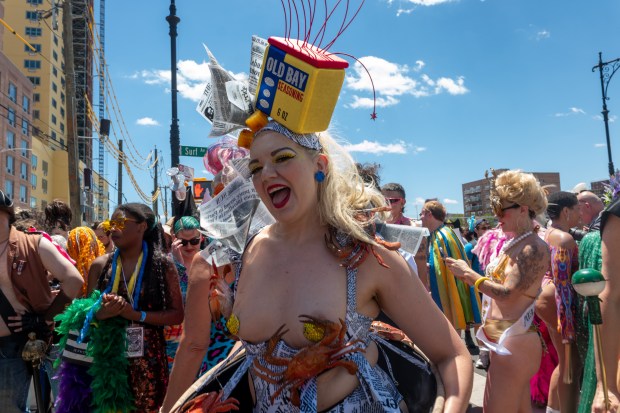 NEW YORK, NEW YORK - JUNE 20: (EDITOR'S NOTE: Image contains partial nudity.) Revelers participate in the annual Mermaid Parade at Coney Island on June 20, 2026 in the Brooklyn borough of New York City. Now in its 44th year, over 3,000 marchers and thousands of spectators came out for the event to celebrate the arts, the ocean and the Coney Island neighborhood and boardwalk in Brooklyn. (Photo by Spencer Platt/Getty Images)