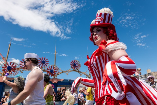 NEW YORK, NEW YORK - JUNE 20: Revelers participate in the annual Mermaid Parade at Coney Island on June 20, 2026 in the Brooklyn borough of New York City. Now in its 44th year, over 3,000 marchers and thousands of spectators came out for the event to celebrate the arts, the ocean and the Coney Island neighborhood and boardwalk in Brooklyn. (Photo by Spencer Platt/Getty Images)