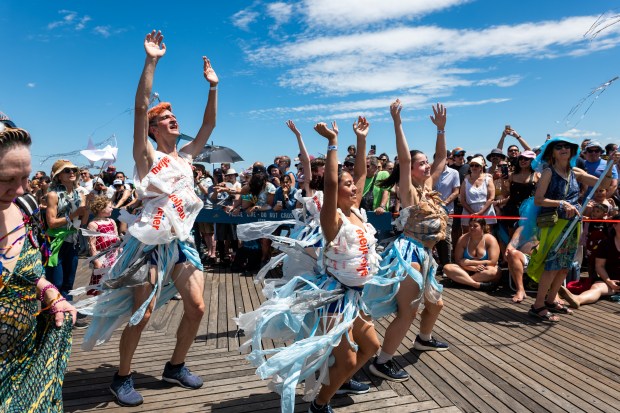NEW YORK, NEW YORK - JUNE 20: Revelers participate in the annual Mermaid Parade at Coney Island on June 20, 2026 in the Brooklyn borough of New York City. Now in its 44th year, over 3,000 marchers and thousands of spectators came out for the event to celebrate the arts, the ocean and the Coney Island neighborhood and boardwalk in Brooklyn. (Photo by Spencer Platt/Getty Images)