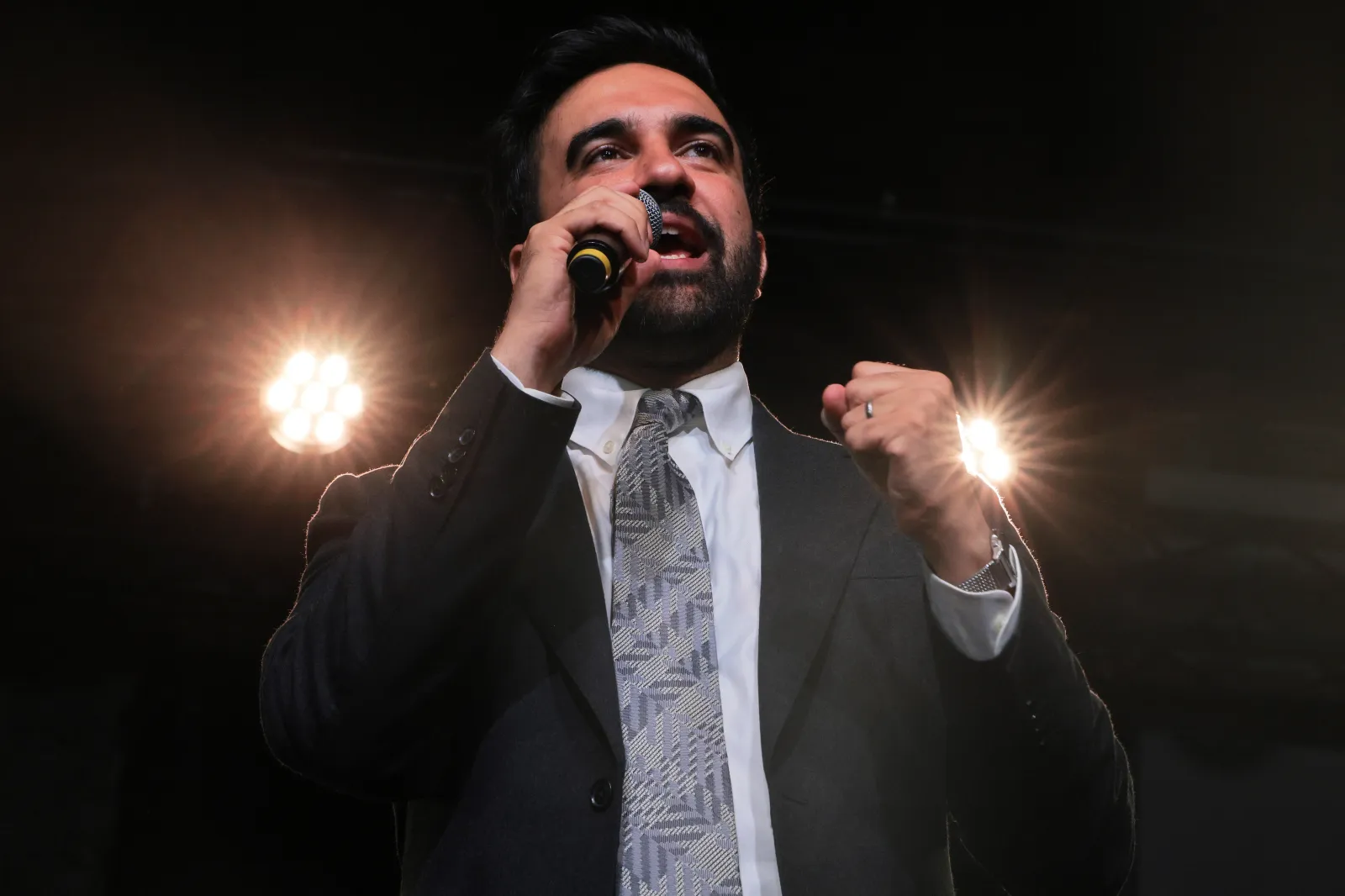 New York City Mayor Zohran Mamdani speaks during a primary night watch party for congressional candidate Claire Valdez at 99 Scott Studio on June 23 in the East Williamsburg neighborhood of Brooklyn.