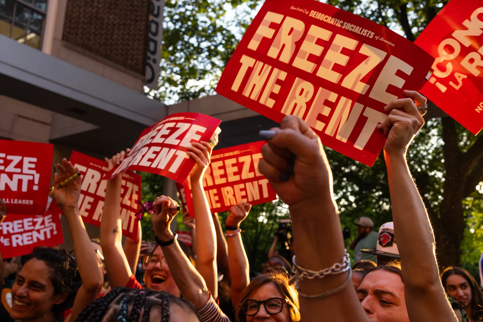 Tenant rights groups celebrate at the final hearing of the New York City Rent Guidelines Board on June 25 at the El Museo del Barrio in the East Harlem neighborhood of Manhattan.