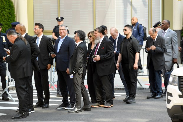 NEW YORK, NEW YORK - JUNE 29: Brad Navin, Lawrence Mestel, Linda G. Mills, and Ron Gillyard attend the funeral of Clive Davis on June 29, 2026 in New York City. (Photo by Noam Galai/Getty Images)