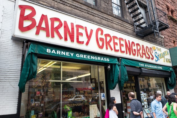 Storefront and sign for Barney Greengrass, a traditional Jewish-style delicatessen originally founded in 1908, on the Upper West Side of Manhattan, New York, in July 2016. (Photo by Smith Collection/Gado/Getty Images).