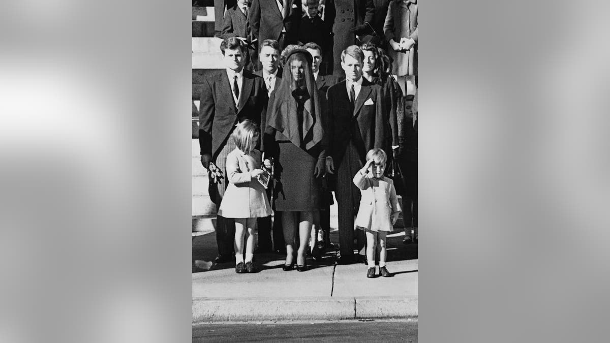 Sen. Edward Kennedy, Caroline Kennedy, Jackie Kennedy, Attorney General Robert Kennedy, and John Kennedy at funeral in Washington, D.C.