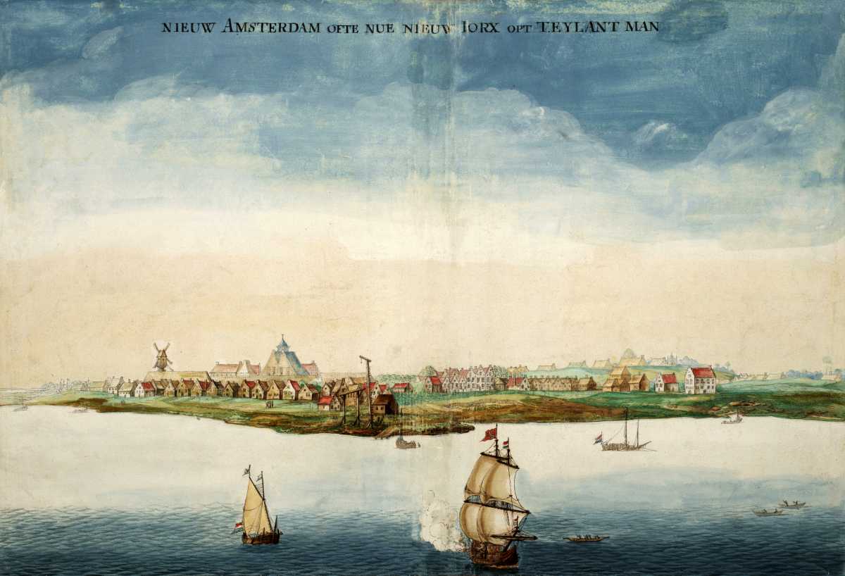 Gezicht op Nieuw Amsterdam by Johannes Vingboons (1664), an early picture of Nieuw Amsterdam made in the year when it was conquered by the English under Richard Nicolls.