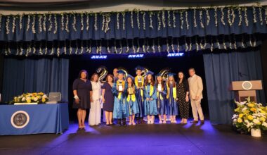 The award-winning students, Ryan Liu, Cosette Lee, Konstantinos Anagnostou, Stella Weidmann, Demi Lee, and Anastasia Papasmiris, with members of the school’s leadership and faculty. Left to right: Natasha Caban, Anastasia Etimos, Christina Tettonis, Spiros Moustakas, Joy Petrakos, and Charles Capetanakis. Photo: TNH/Michael Kakias