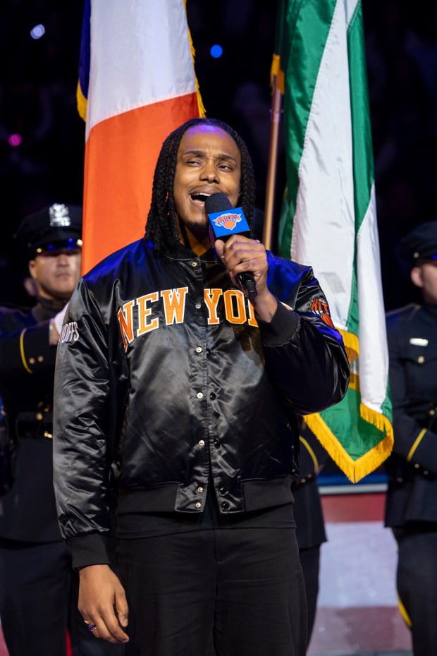 Avery Wilson performs "The Star-Spangled Banner" before the New York Knicks take on the Philadelphia 76ers in Game 2 of the second round of the 2026 NBA Playoffs at Madison Square Garden in New York City on May 6, 2026. (Michelle Farsi / MSG Sports)