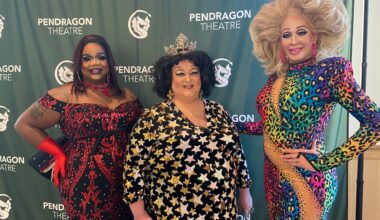 From left to right: Katie D. Lite, Victoria Bohmore, and Andora Tetee. The trio of drag performers held a drag cabaret show at the Pendragon Theater in Saranac Lake during Pride Month 2026. Photo by David Escobar.