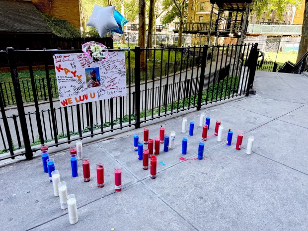 A memorial for 13-year-old Kayvon Jones is pictured Saturday, June 20, 2026, outside his home on Fifth Ave. in Manhattan. (Rebecca White / New York Daily News)