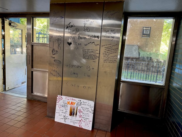 A memorial for 13-year-old Kayvon Jones is pictured Saturday, June 20, 2026, at his home on Fifth Ave. in Manhattan. (Rebecca White / New York Daily News)