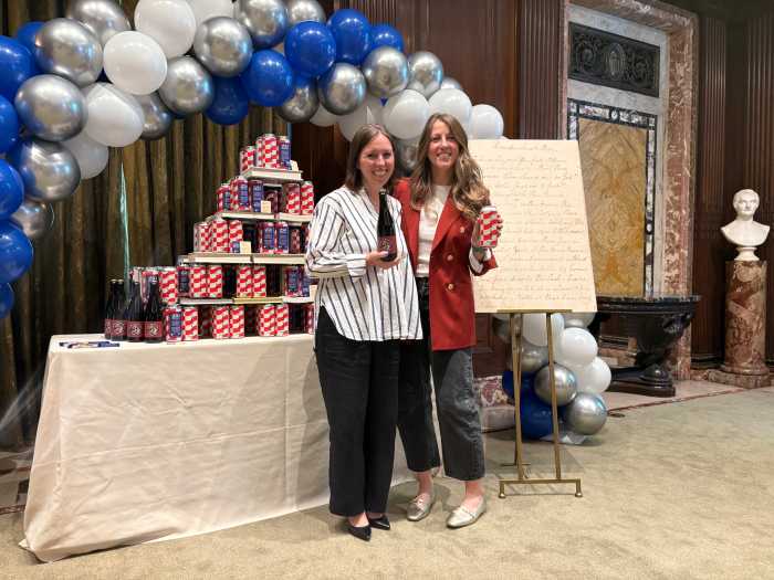 Talea co founders, Tara Hankinson and LeAnn Darland toast to the release of their new beer, the Liberty Lager, an amber lager developed in conjunction with the New York Public Library honoring a more than 200 year old beer recipe from founding father George Washington.