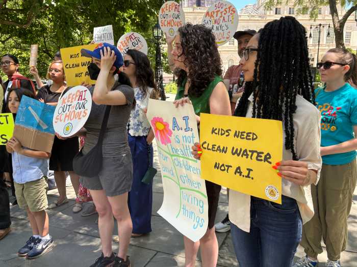 Parents, teachers, students and artists rallied in front of City Hall Wednesday to ask Mayor Zohran Mamdani to pause the implementation of AI in public schools for two years ahead of a city council meeting with the education and technology committees.