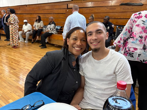 Heidy De Castro and her son, Andrew Pashinin, who graduated as valedictorian, are pictured after Pashinin and other incarcerated students graduated from the public school on Rikers Island, East River Academy, on Tuesday, June 16, 2026. (Josephine Stratman / New York Daily News)