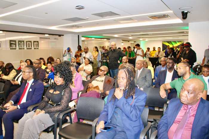 An audience pays rapt attention to speakers at the May 29 launch of the inaugural Jamaica Day Rising parade at the Consulate General of Jamaica located at 300 E 42nd Street, Manhattan.