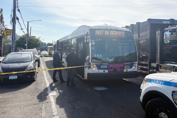 Police investigate after a 41-year-old man was shot to death on a Bx36 bus in the Bronx on Monday, June 8, 2026. (Roni Jacobson / New York Daily News)