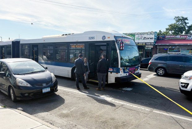 Police investigate after a 41-year-old man was shot to death on a Bx36 bus in the Bronx on Monday, June 8, 2026. (Roni Jacobson / New York Daily News)