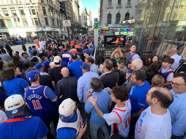 New York Knicks fans wait to go through security outside Madison Square Garden in Manhattan on Monday, June 8, 2026. (Barry Williams / New York Daily News)