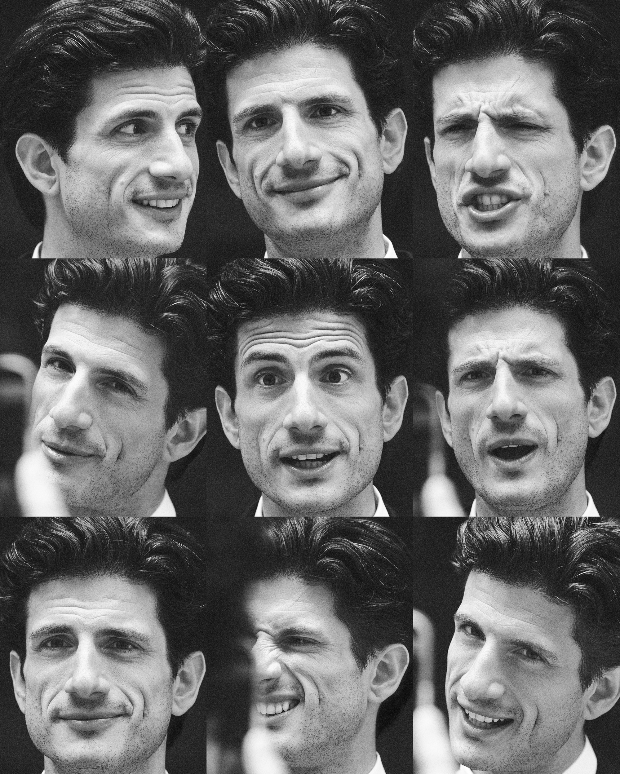 A black and white photo of Jack Schlossberg making a variety of faces as he speaks to someone off camera.