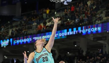 Sabrina Ionescu soars for the winning basket in the Liberty’s eighth straight win in Chicago on Wednesday night. Photo: Melissa Tarnez/AP via Sportswire