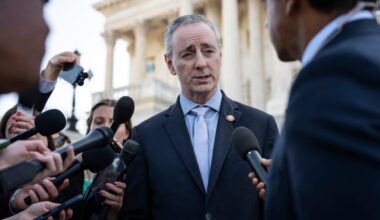 Rep. Brian Fitzpatrick (R., Pa.) speaking reporters outside the Capitol on June 3.   (Haiyun Jiang / New York Times)