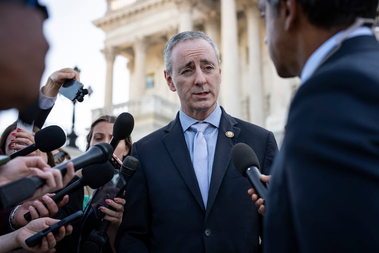 Rep. Brian Fitzpatrick (R., Pa.) speaking reporters outside the Capitol on June 3.   (Haiyun Jiang / New York Times)