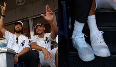 Jalen Brunson and Josh Hart of the New York Knicks attend the game between the Chicago White Sox and the New York Yankees at Yankee Stadium on June 17, 2026 in New York, New York.
