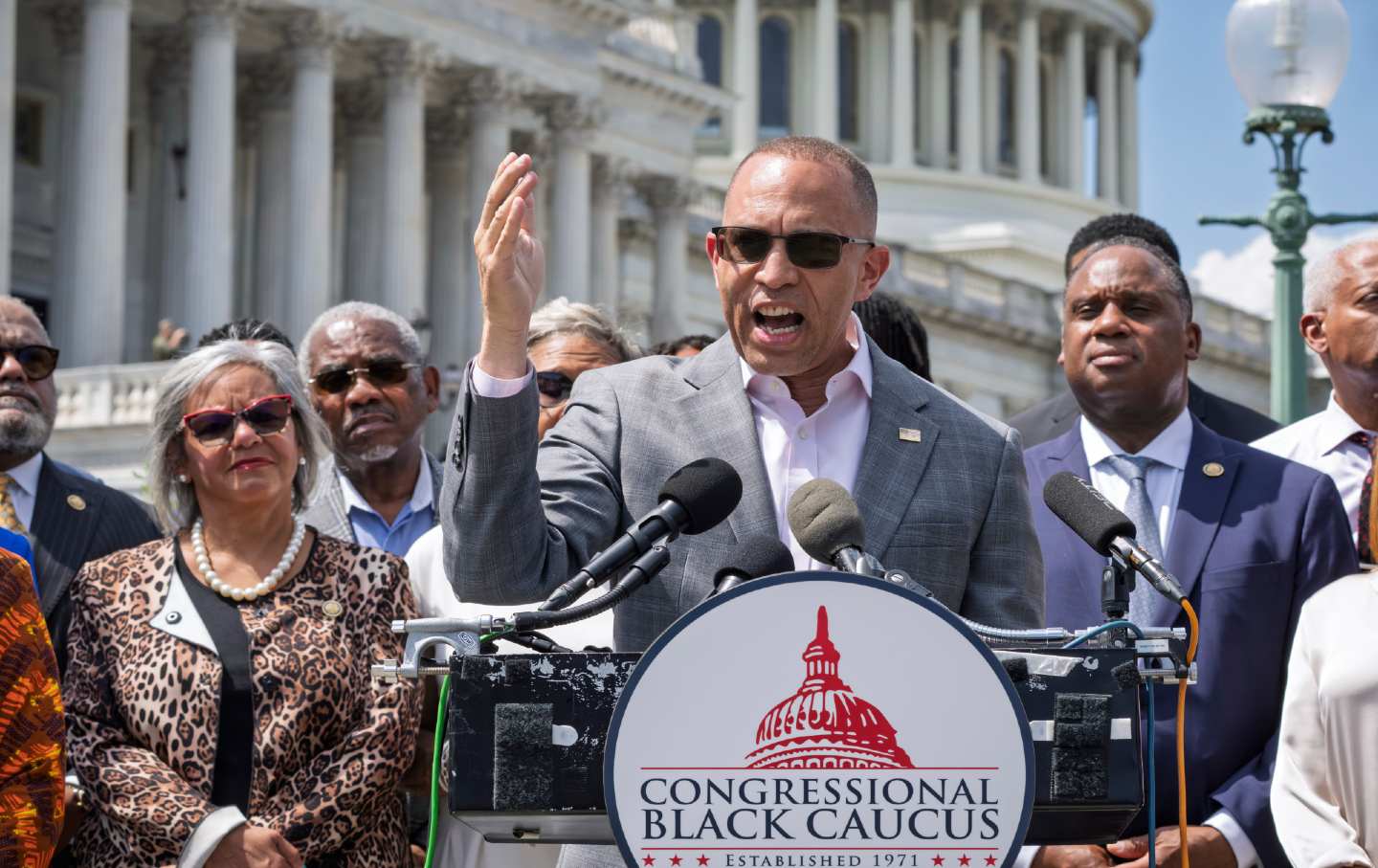 House minority leader Hakeem Jeffries and members of the Congressional Black Caucus at a May press conference denouncing the US Supreme Court's ruling in Louisiana v. Callais.