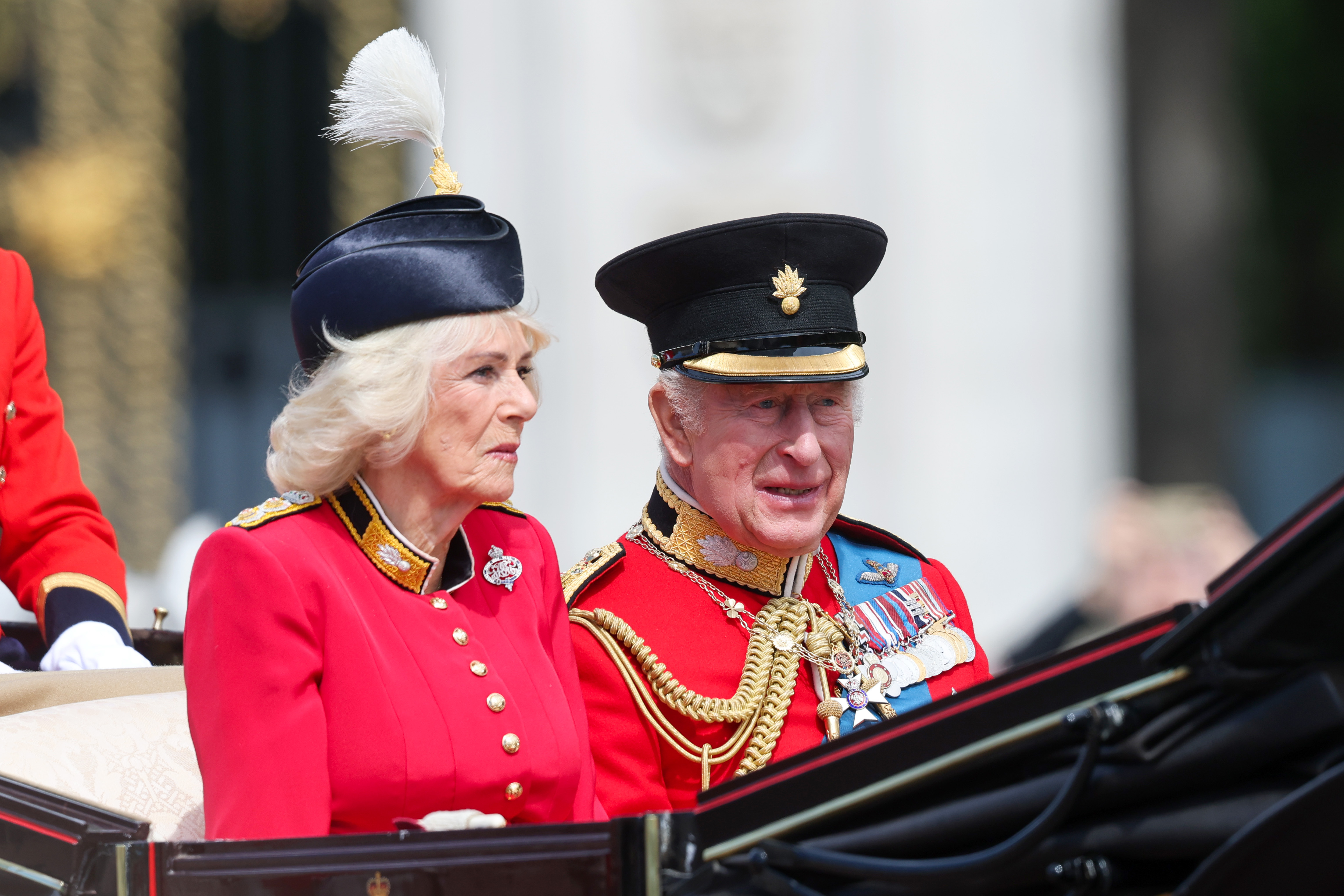 LONDON, ENGLAND - JUNE 13: Queen Camilla and King Charles III during Trooping The Colour on June 13, 2026 in London, England. (Photo by Chris Jackson/Getty Images)