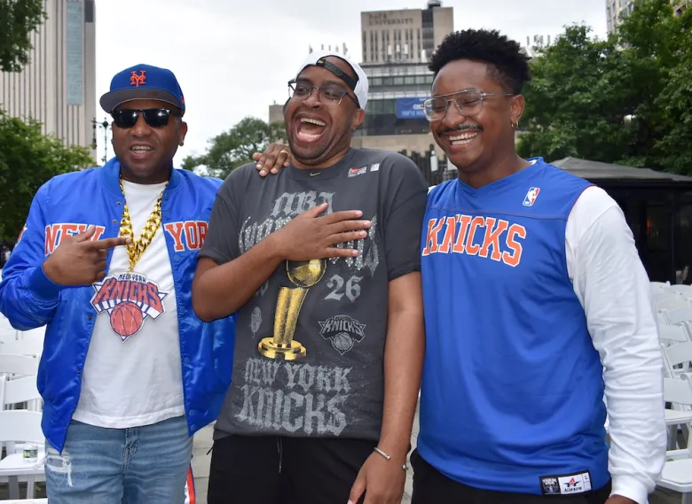 From left to right: Queens Borough President Donovan Richards, Jr., Brooklyn Senator Zellnor Myrie, Brooklyn Councilmember Chi Osse at the Knicks ceremony at City Hall on Thursday, June 18, 2026. (Ariama C. Long photo)
