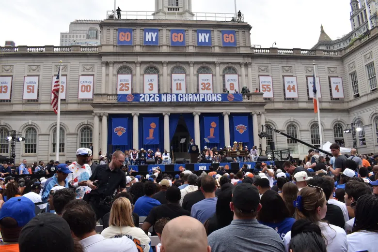 NYC Mayor Zohran Mamdani gives a stirring speech at the Knicks celebration on June 18. (Ariama C. Long photo)