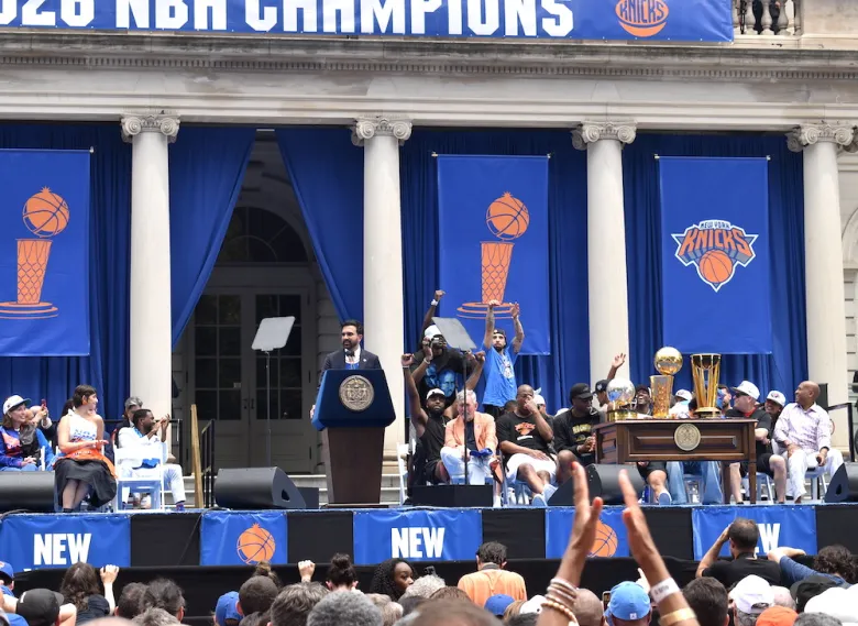 NYC Mayor Zohran Mamdani gives a stirring speech at the Knicks celebration on June 18. (Ariama C. Long photo)