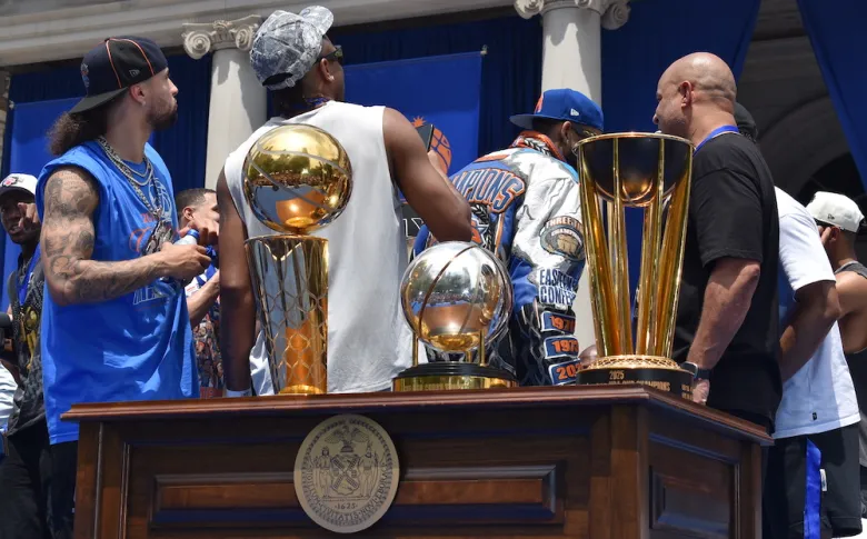 A photo of the Knicks trophies on the stage at their City Hall celebration on June 18. (Ariama C. Long photo)