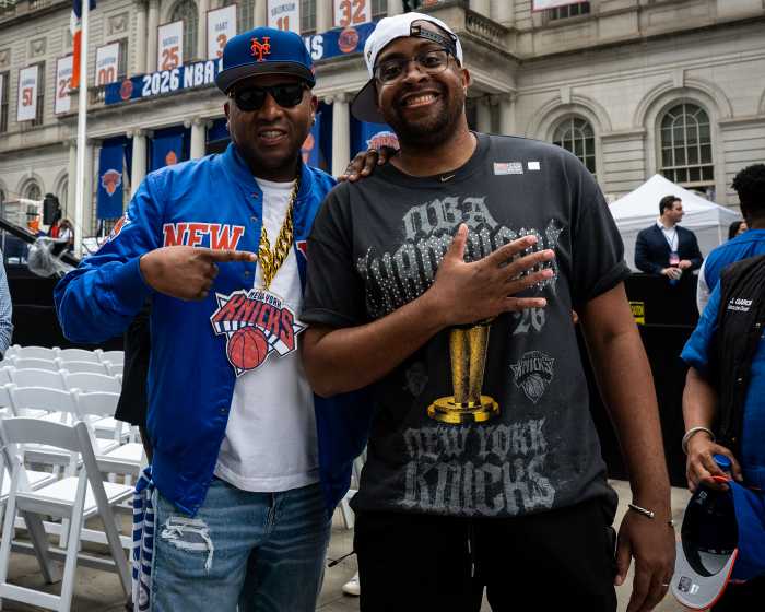 Queens Borough President Donovan Richards and State Senator Zellmor Myrie attend the Knicks Championship celebration at City Hall. Photo by Gabriele Holtermann
