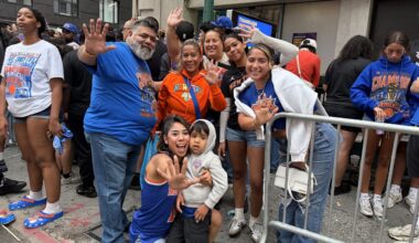 Knicks fans turn out for the ticker-tape parade in Lower Manhattan on Thursday, June 18, 2026. (Spectrum News NY1/Wilson Mendoza)