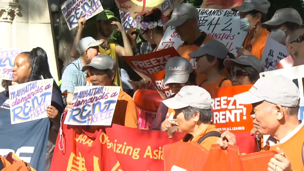 Tenants rallied at Joan of Arc Park ahead of the Rent Guidelines Board’s final public hearing at Symphony Space on the Upper West Side before the board votes on whether to freeze or raise the rent. (Spectrum News NY1)