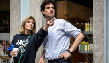 Caroline Kennedy joined her son Jack Schlossberg, who is in the Democratic primary for Manhattan's US House district 12, to campaign on an Upper East Side street corner near a polling site, on June 17.