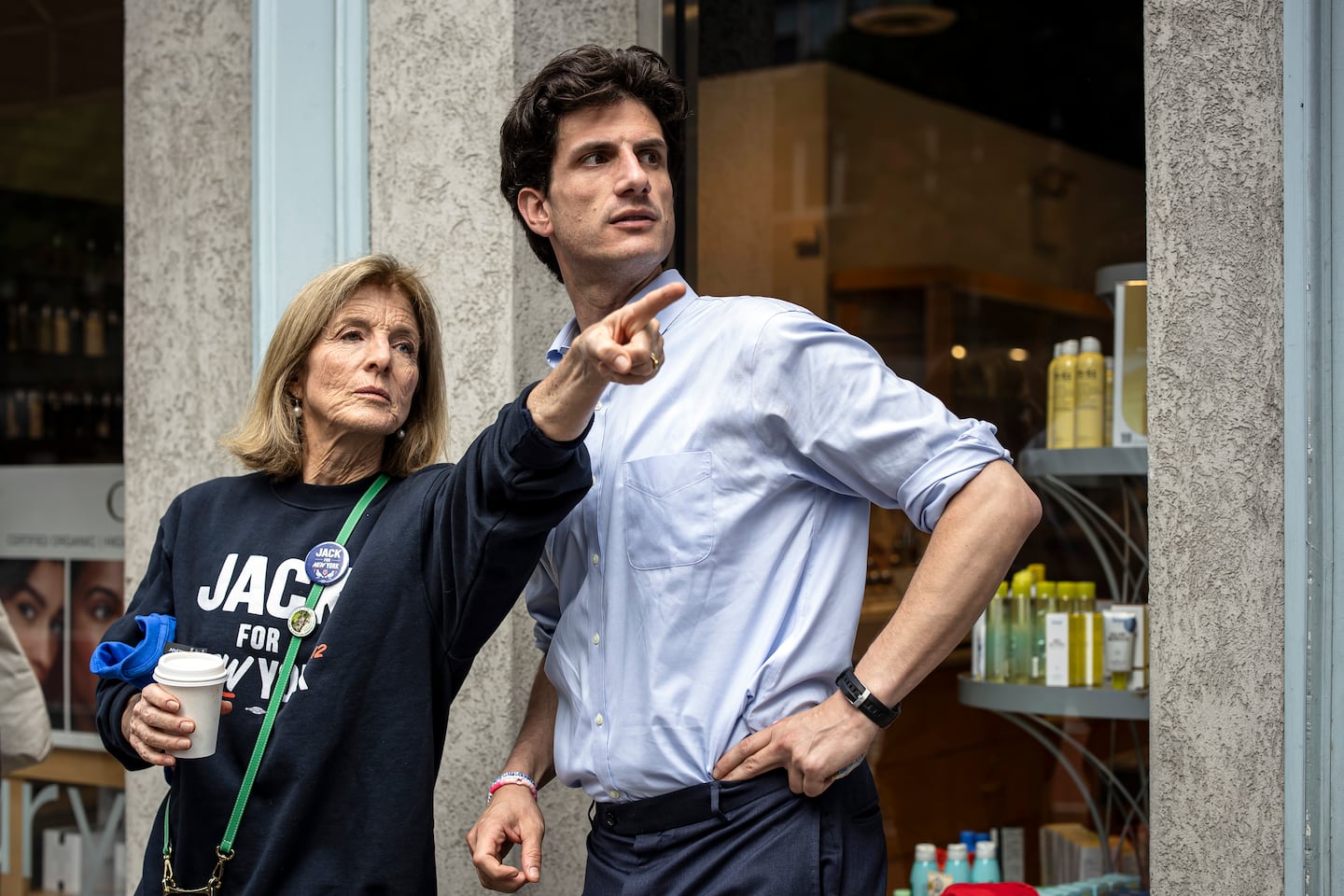 Caroline Kennedy joined her son Jack Schlossberg, who is in the Democratic primary for Manhattan's US House district 12, to campaign on an Upper East Side street corner near a polling site, on June 17.