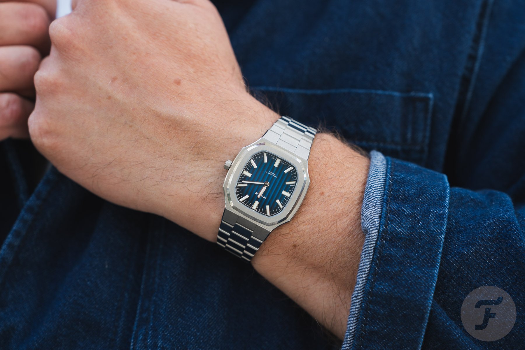 Maen Manhattan 37 Ultra-Thin Boutique Exclusive on wrist, hands on lapel