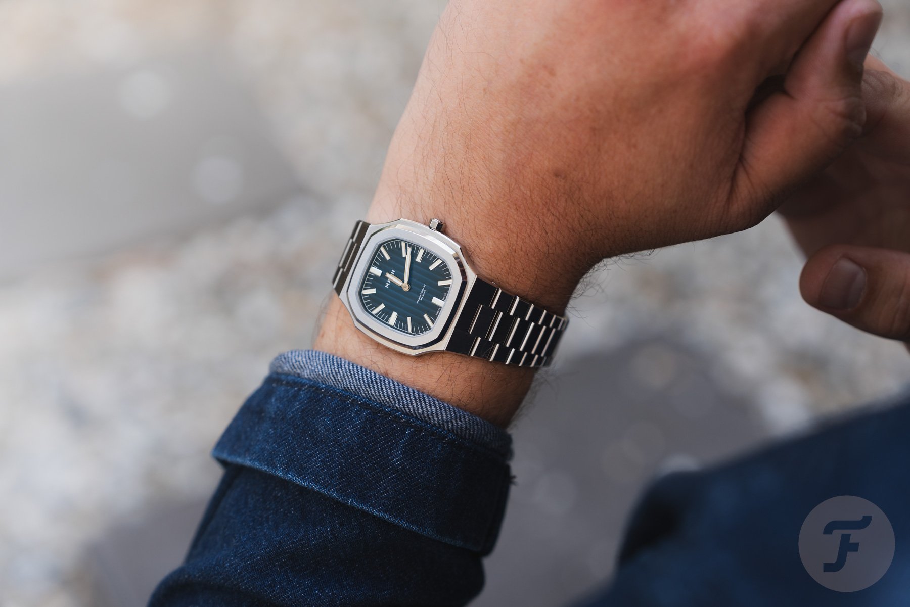 Maen Manhattan 37 Ultra-Thin Boutique Exclusive on wrist, over-shoulder shot