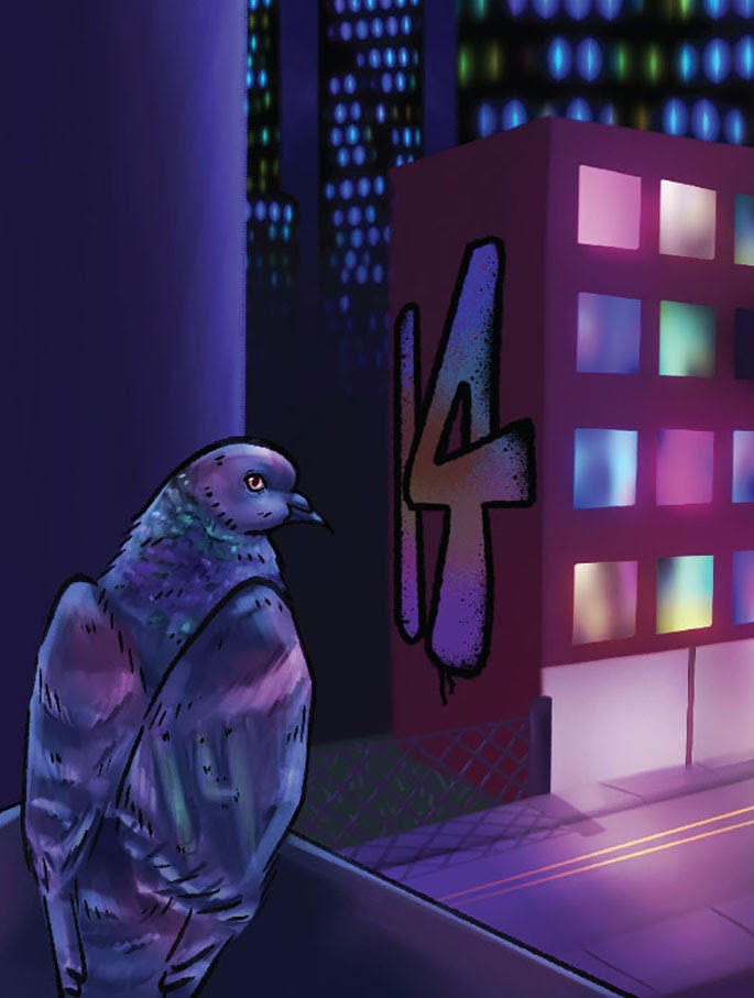 A stylized illustration of a pigeon perched on a ledge, overlooking a vibrant cityscape at night. The buildings in the background are illuminated with colorful lights, and one wall features a large graffiti number "14." Shadows and bright colors add depth and a modern feel to the scene.