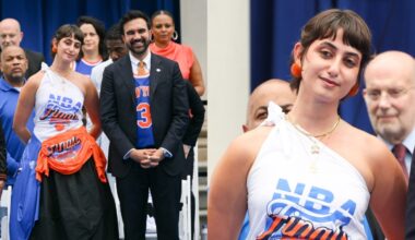 Rama Duwaji and Mayor Zohran Mamdani at the Knicks ceremony outside City Hall Plaza.