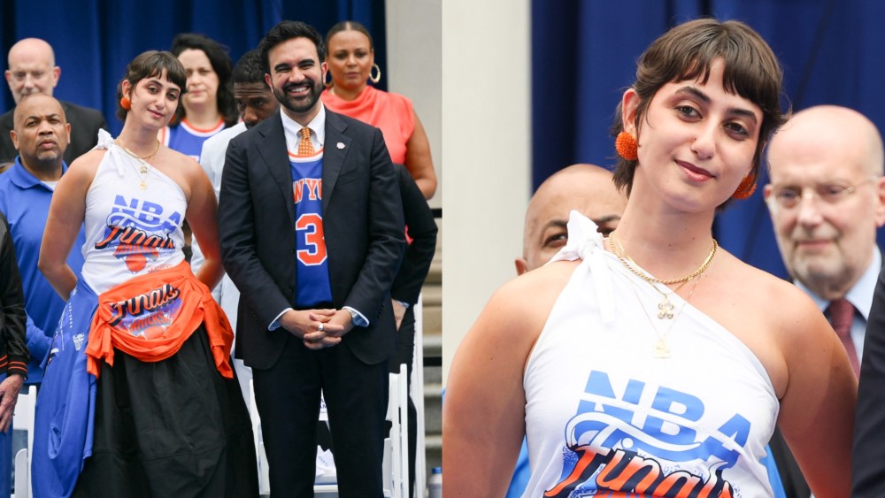 Rama Duwaji and Mayor Zohran Mamdani at the Knicks ceremony outside City Hall Plaza.