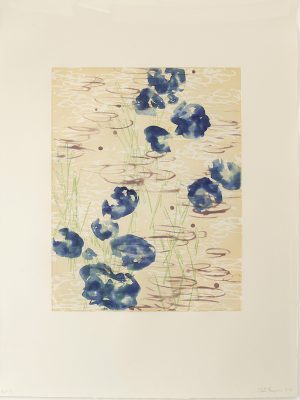 Framed abstract print featuring blue organic forms suggesting lily pads or flowers, layered over a warm cream background with green linear marks and flowing ripple patterns.